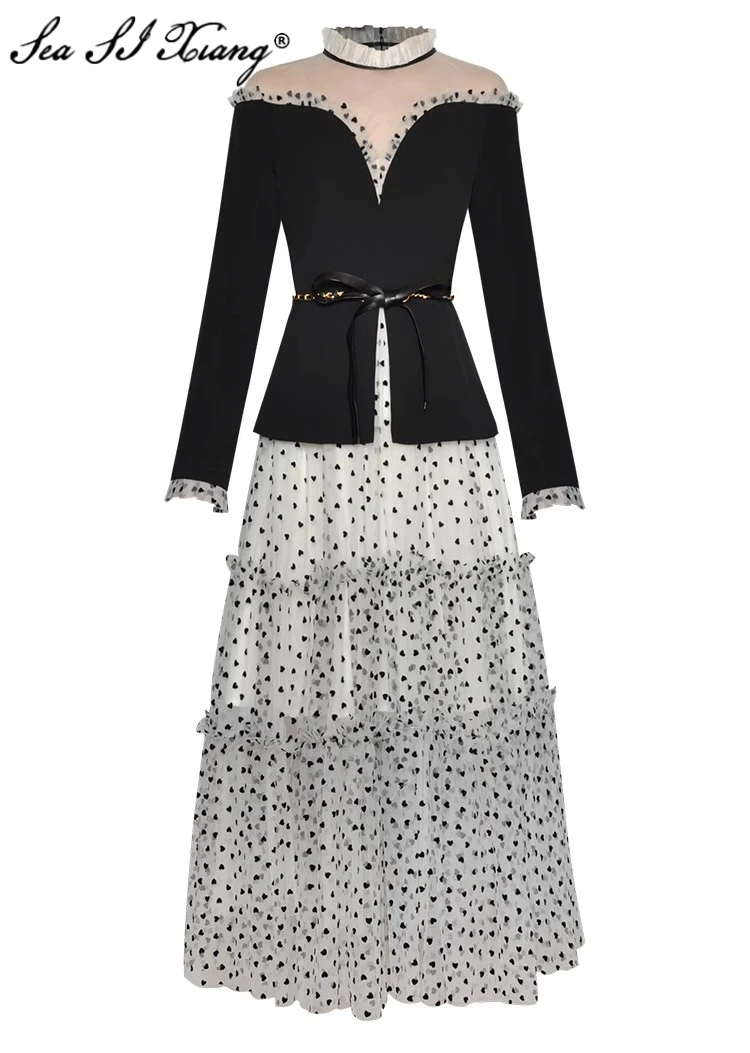 

Seasixiang Fashion Designer Autumn Dress Women Stand Collar Long Sleeve Lace-up Mesh Patchwork Office Lady Midi Dresses