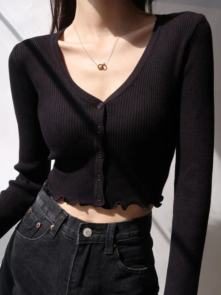 QWEEK 2024 Fashion Autumn Sexy Knit Knitted Sweater Women Cardigan Cropped Tops Korean Streetwear Kpop High Street Chic Basic