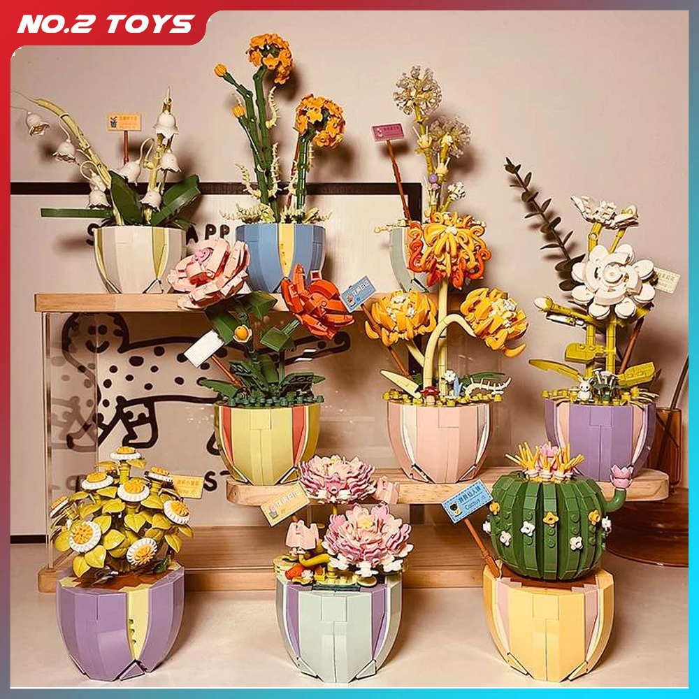 미니 꽃 빌딩 블록, DIY 녹색 식물 꽃다발, 화분에 심은 3D 모델 꽃 블록, 홈 장식, 소녀 선물, 어린이 장난감