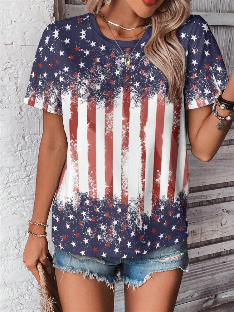 Women Fashion Short Sleeve T-Shirt 3D American Flag Print Tshirt