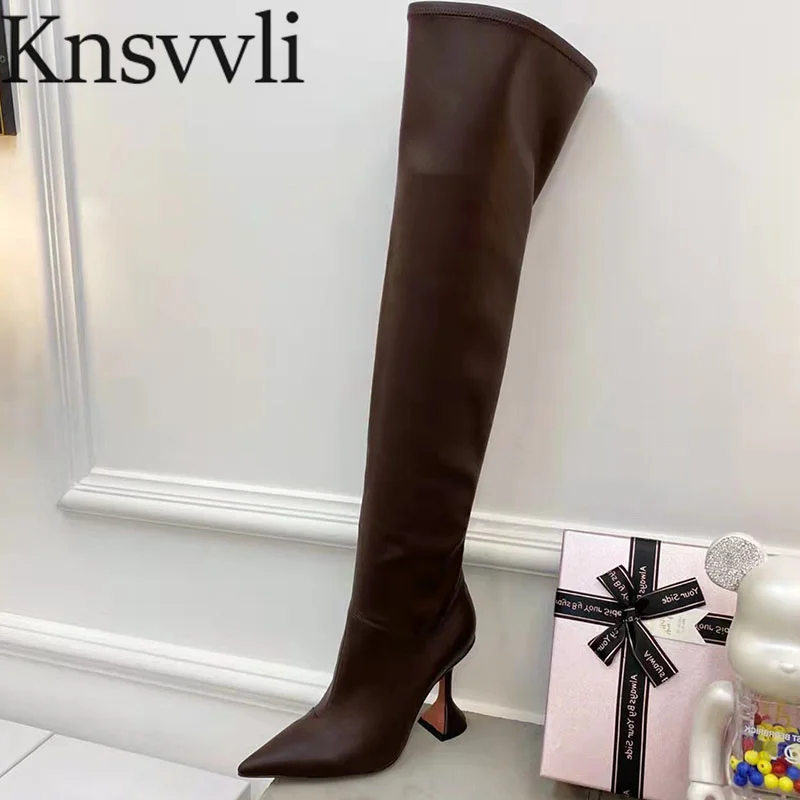 

Сапоги женские длинные на высоком прозрачном каблуке, натуральная кожа, заостренный носок, молния, ботфорты, странный стиль