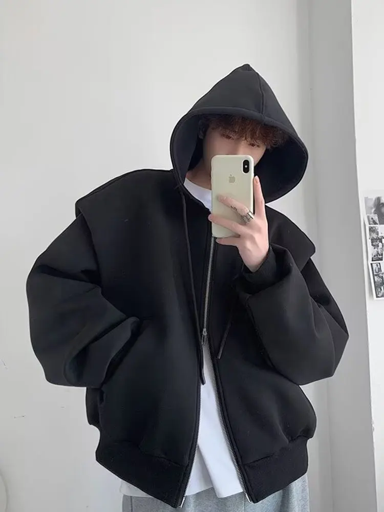 Trendy Streetwear Hooded Cardigan Men's Early Autumn Hong Kong Sle Casual Double Zipper Loose Outerwear Youth Faion