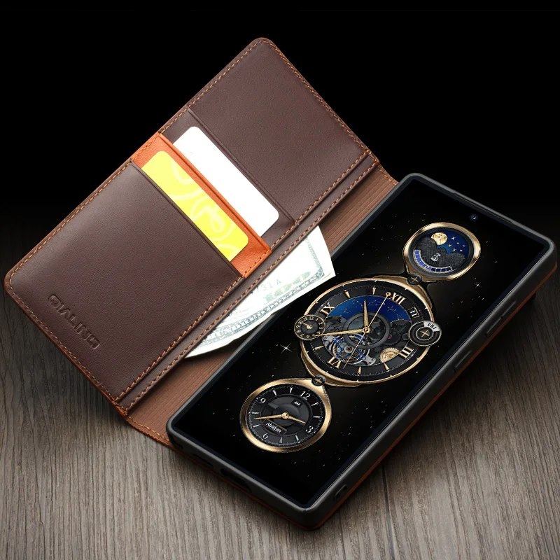 Genuine Leather Phone Case With Card Slots Cover For Samsung S25 + Plus Ultra
