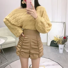 

Genuine Leather Sheepskin Autumn New Leisure High Waist Slim Fashion A-shaped Pleated Bud Leather Casual Shorts for Women