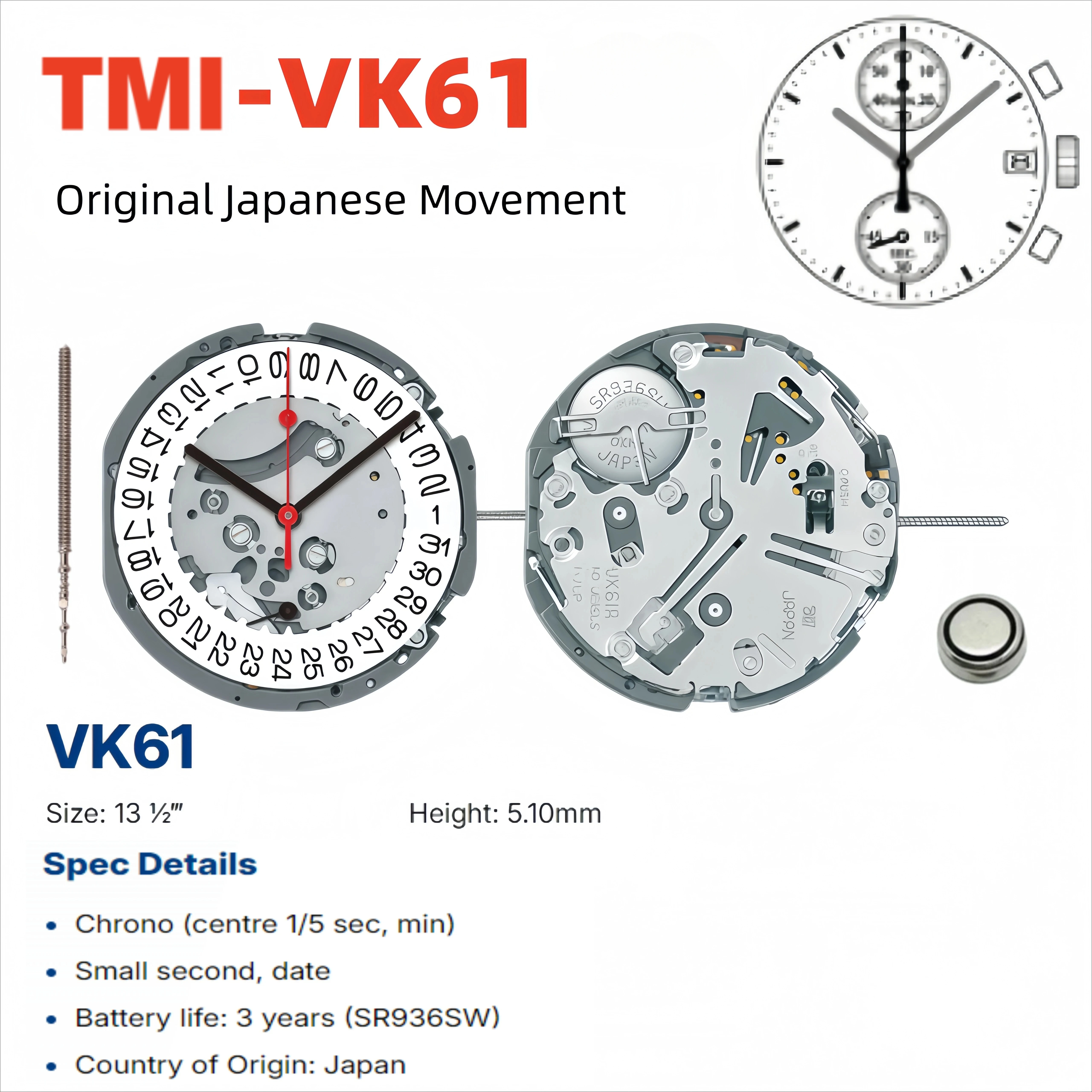 VK61 무브먼트 일본산 TMI VK61A 무브먼트 크로노(중앙 1/5초, 분)스몰 세컨드, 날짜 표시, 정밀 타이밍 쿼츠 무브먼트