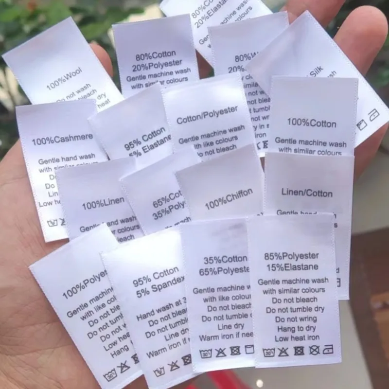 50PCS Care Labels In Stock Print Satin Washing Label Cotton/Silk/Cashmere/Wool/Linen/Polyester/Elastane White Cloth Tags