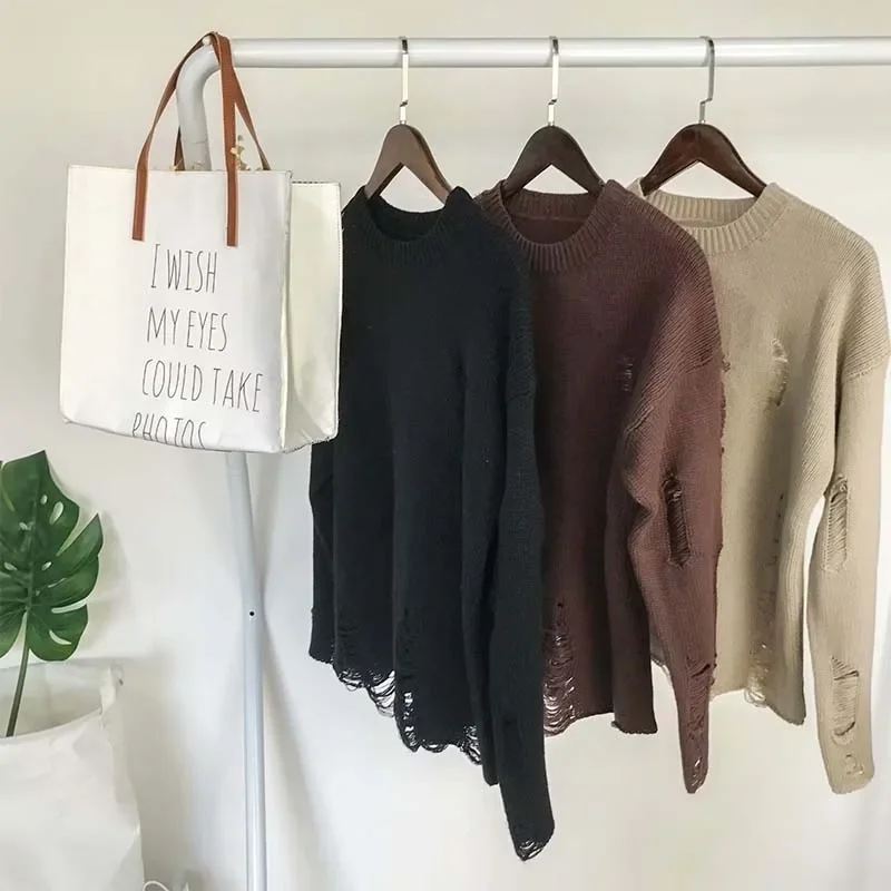 Pullovers Men Couples Hole Ripped Loose Solid Simple Leisure Knitted Sweater Male Trendy Harajuku Stylish