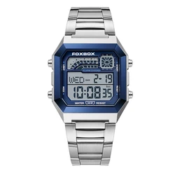 FOXBOX Luxury Square Stainless Steel Waterproof Digital Watch (Silver blue)