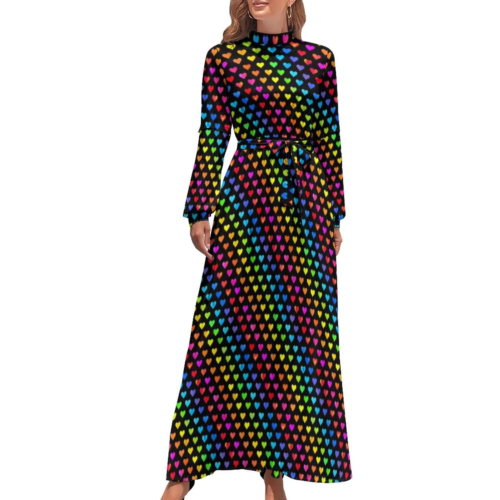 

Colorful Striped Dress Rainbow Hearts Street Fashion Bohemia Dresses Ladies Long Sleeve High Waist Sexy Long Maxi Dress