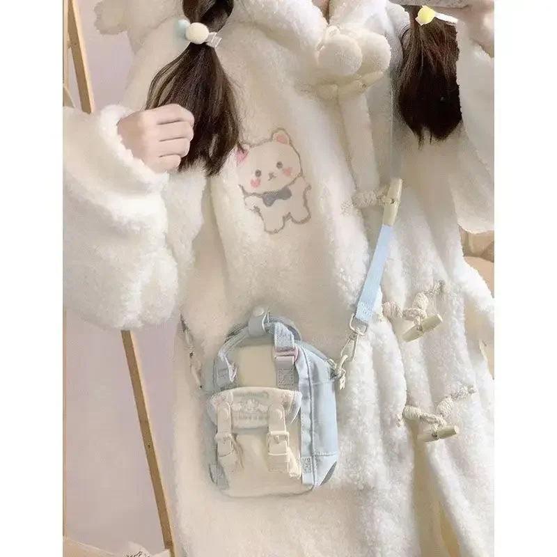 CON Winter Cute Embroidered Bear Wool Coat Women Loose Japanese Sweet Lolita Outwear Jacket  Pockets Warm Cute Hoodies Overcoat