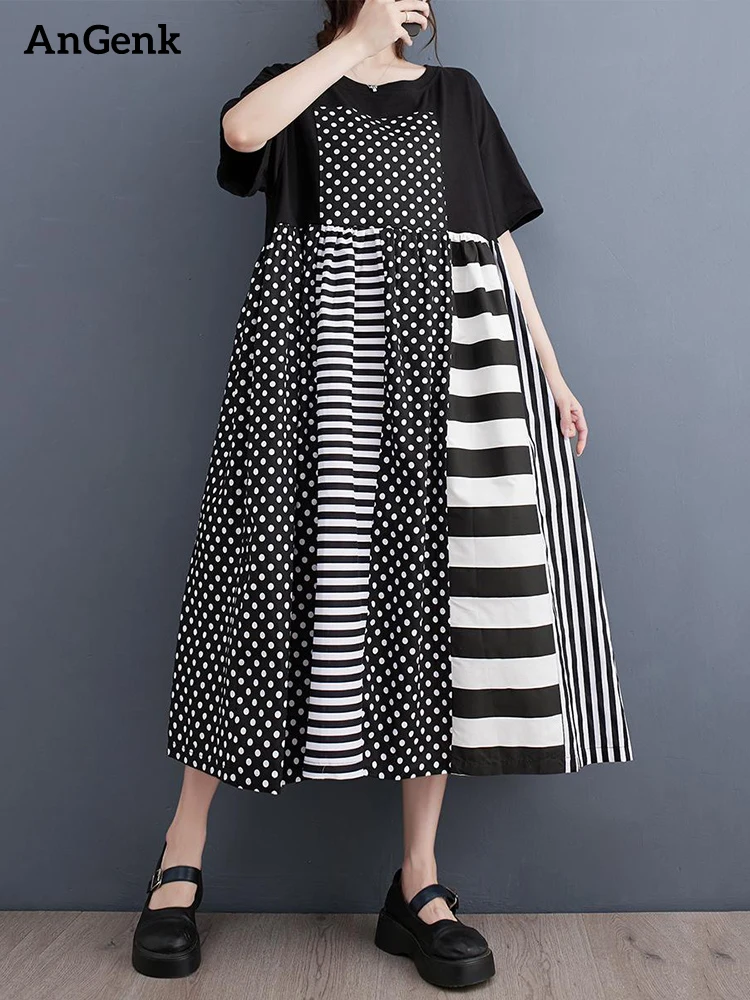 

Short Sleeve Black Vintage Polka Dot Stripe Print Dresses Women Summer New Loose Casual Long Dress Fashion Elegant Clothes 2023