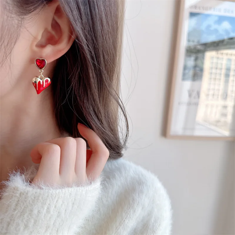 Trendy Irregular Bleeding Red Heart Earrings Symbol of Lost Love Jewelry