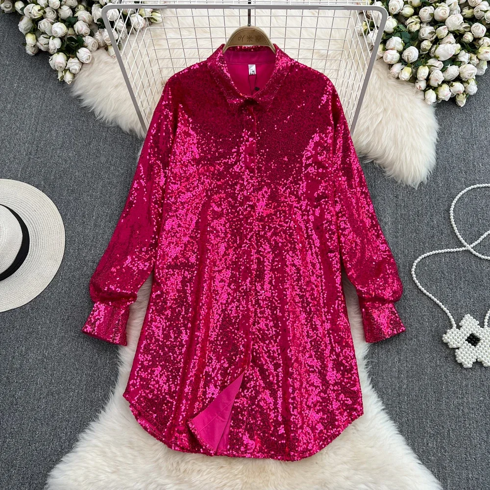 

European and American Loose Shiny Sequined Long-sleeved Single-breasted Mid-length Shirt Dress Fashionable Dress for Women
