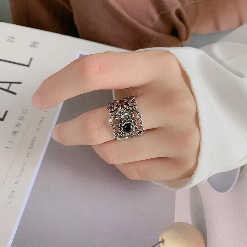 Ethnic Vintage 925 Sterling Silver Obsidian Thai Silver Pattern Open Rings For Women Men Sterling-Silver-Jewelry TYB024 4