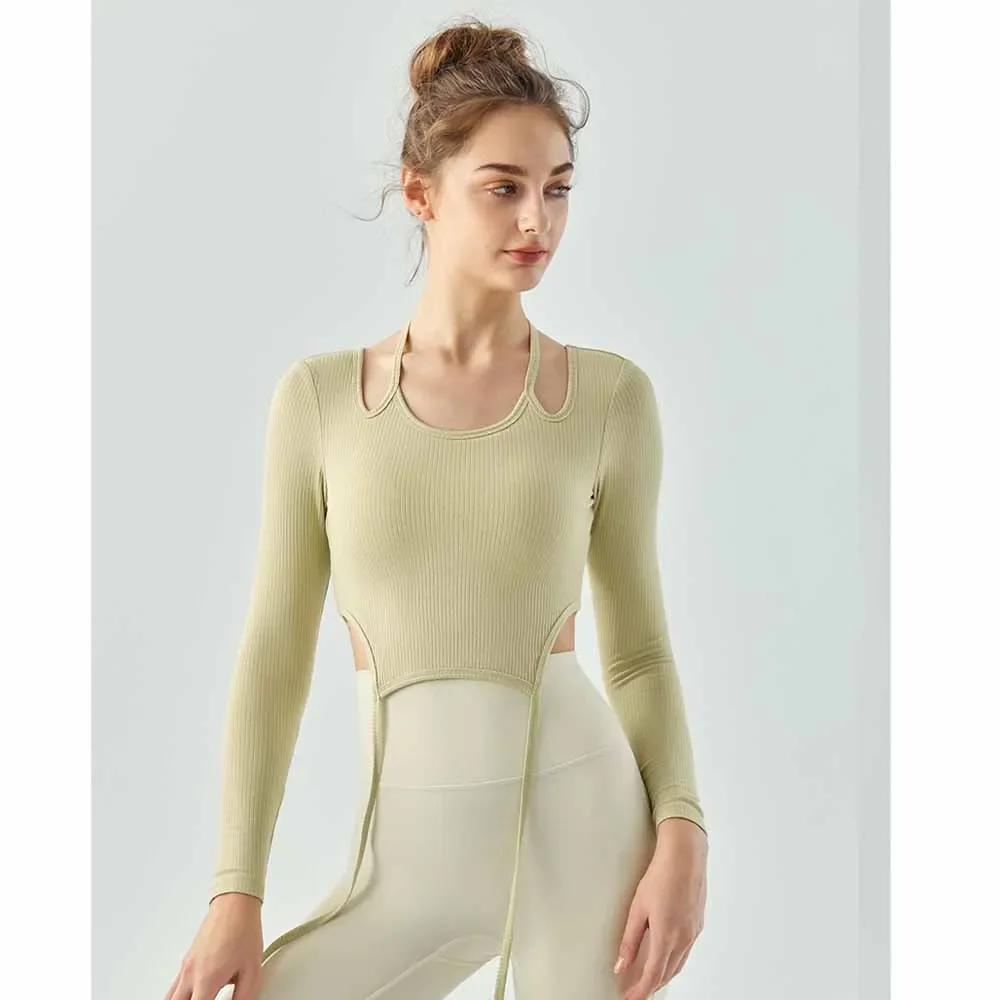 

Ins Han Feng Yoga Top Long Sleeve Autumn Semi-fixed Cup With Chest Cushion Sling Neck Sexy Dance Fitness Clothes