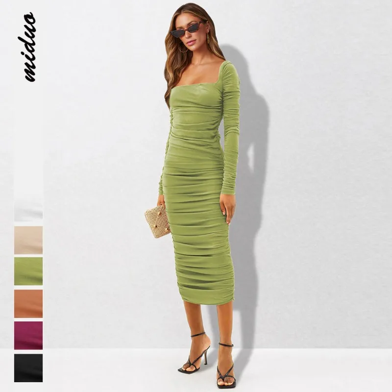 

Женское элегантное платье, облегающее сексуальное осеннее платье с квадратным вырезом, высокой талией и длинным рукавом, обтягивающее вечернее женское платье, платье, платья