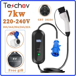 Teschev Portable EV Charger Wallbox GBT Cable 32A 7KW Adjustable Current with Blue Socket Charging  for Electric Vehicle Charger
