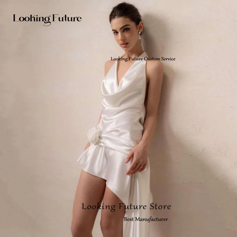 Simple Mini Satin Ivory Wedding Dress Pleated Flowers Sexy Halter Open Back Sheath Sleeveless Short Dress Customized Vestidos 13 S497fffbe78fa489095d0828941f8a94dk