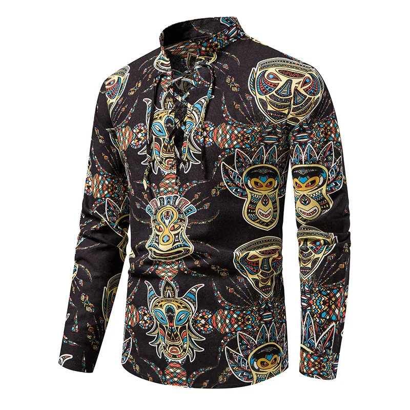 

Модная хлопковая льняная рубашка с V-образным вырезом на шнуровке для мужчин 2023 брендовая рубашка с Африканским принтом Дашики мужская пляжная гавайская рубашка в стиле ретро хиппи 70s