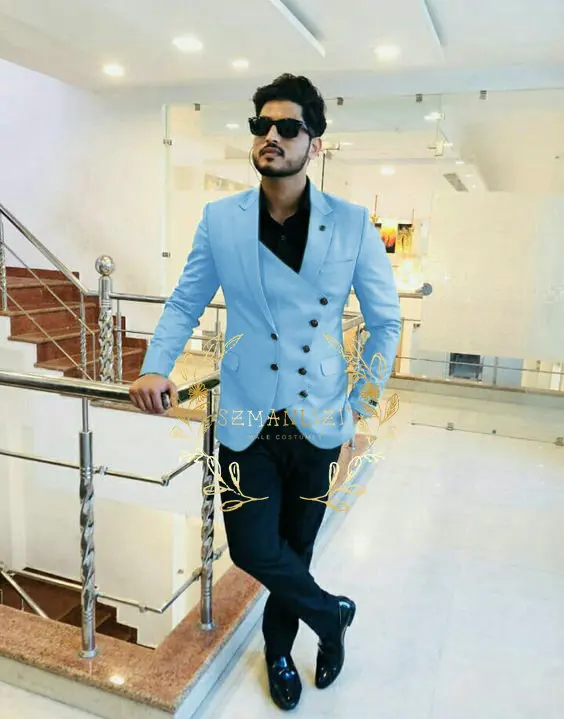 

Мужской двубортный пиджак и брюки, небесно-голубой блейзер для жениха, Свадебный костюм, скинни, 2023