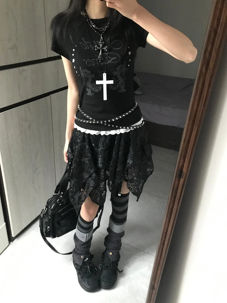 여름 신상 레이스 스플라이스 슬림핏 반팔 티셔츠 여성 스트릿 스타일 프린트 라운드넥 캐주얼 탑 가볍고 편안함 - AliExpress