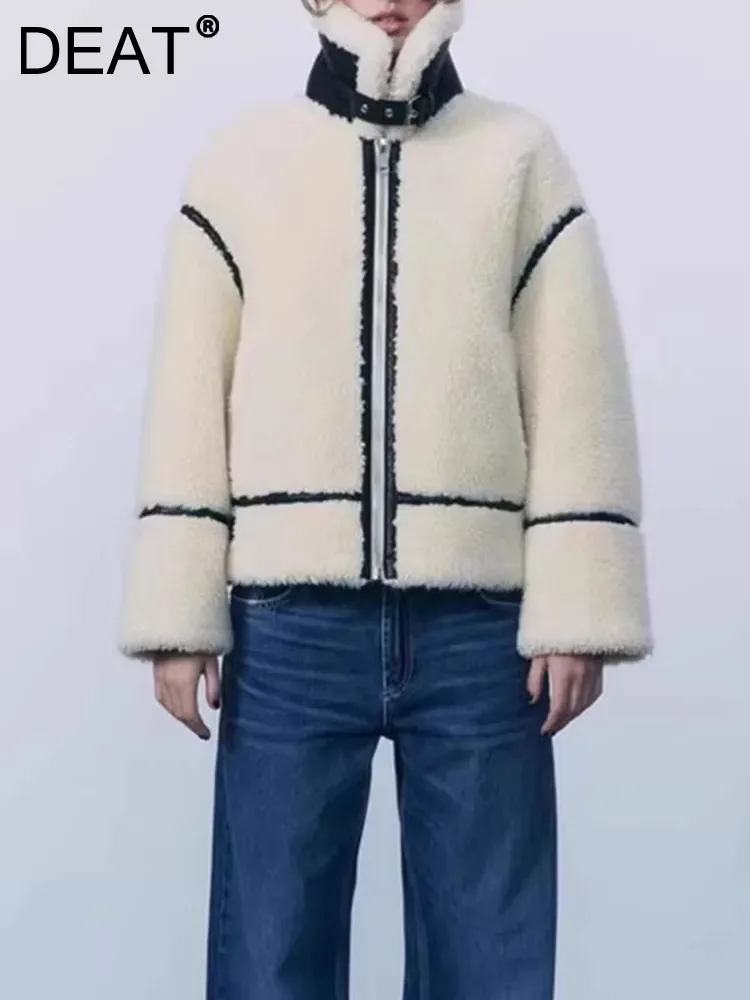 

DEAT Fashion Women's Jackets Lapel Long Sleeves Zipper Loose Contart Color Patchwork Pockets Warm Coats Winter 2023 New 7AB1831