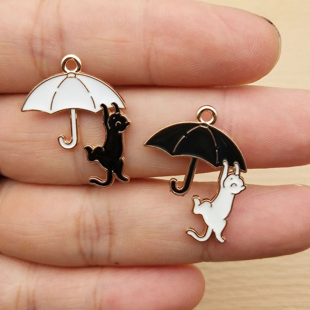 10개 우산 고양이 참 장식품, 쥬얼리 제작용 목걸이 팔찌 열쇠고리 펜던트 DIY 액세서리 공예 합금 금도금
