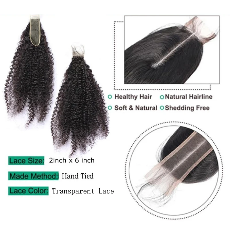 Afro Kinky Curly 2x6 Lace Closure Human Hair for Women Brazilian Remy Hair Afro Curly Transparent Lace Closure