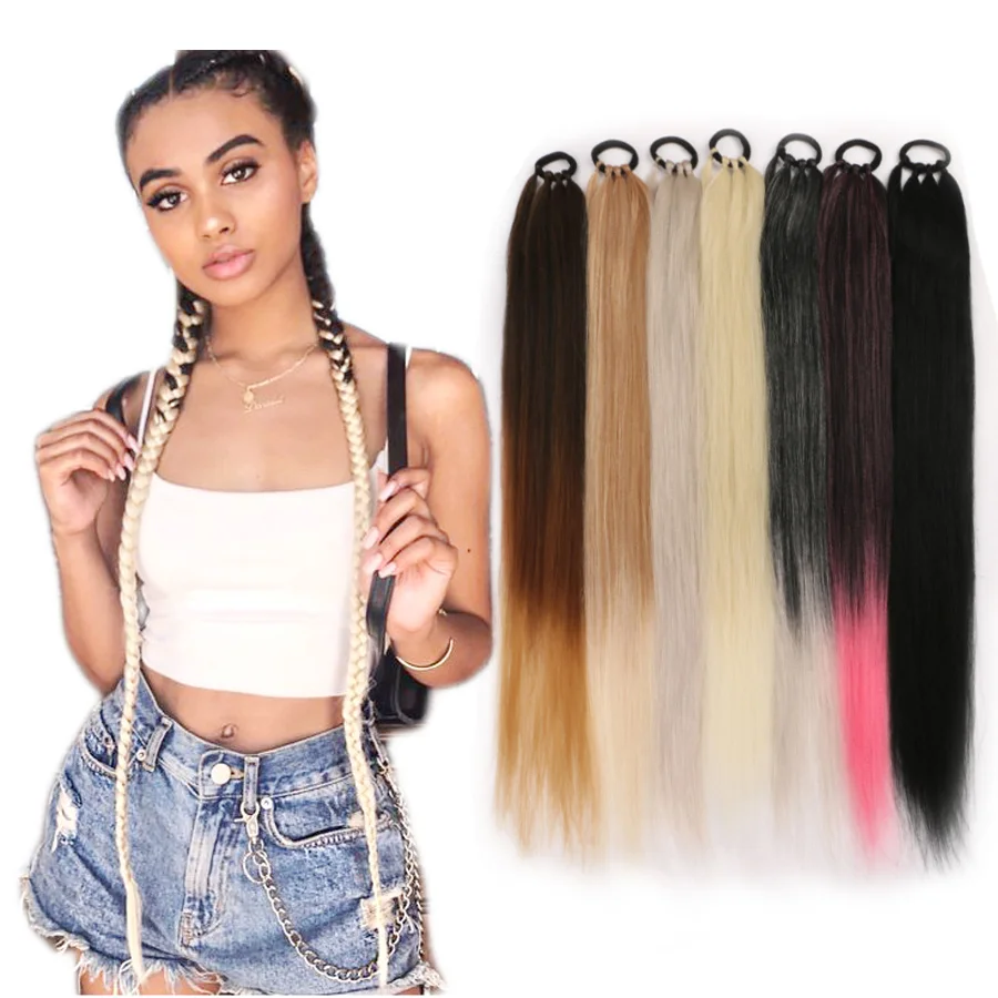 Ponytail Extensions Synthetic Boxing Braids 26 Inch Brown Wrap Around Chignon Tail With Rubber Band Hair Ring Ombre Braid Grey rubber band rubber band rubber ring elasticity and durability in rubber band for 17 18 19 inch woodworking band saws