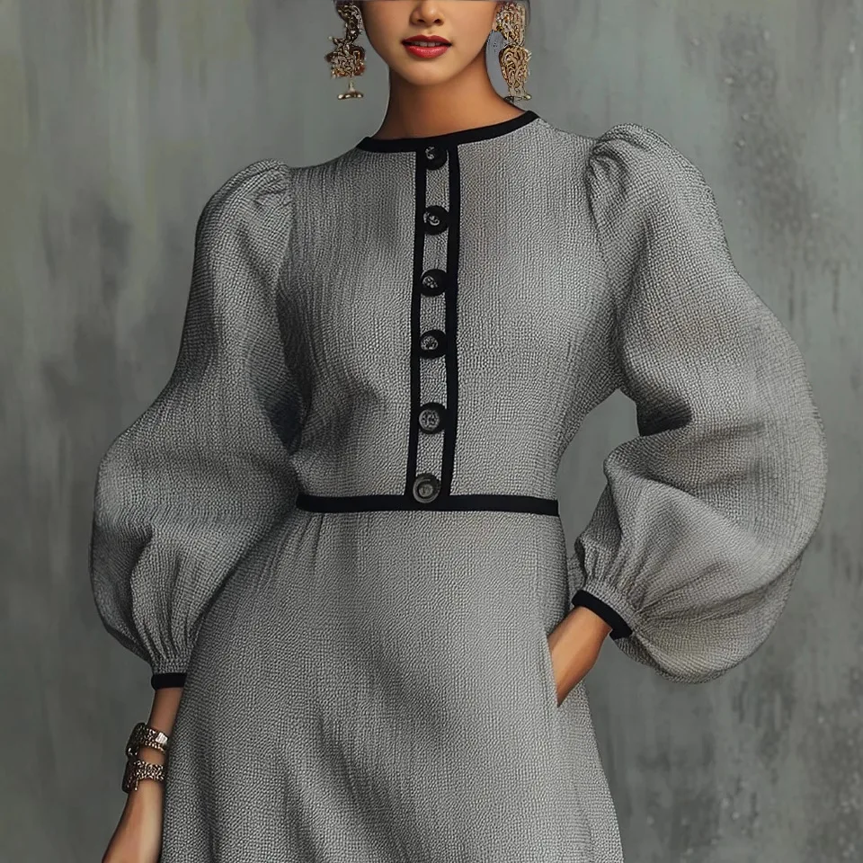 Slim Mini Dress Women's Elegant Lantern Sleeve Round Neck Button-Down Dress 2026 Spring Fall Office Commuting A-Line Dress