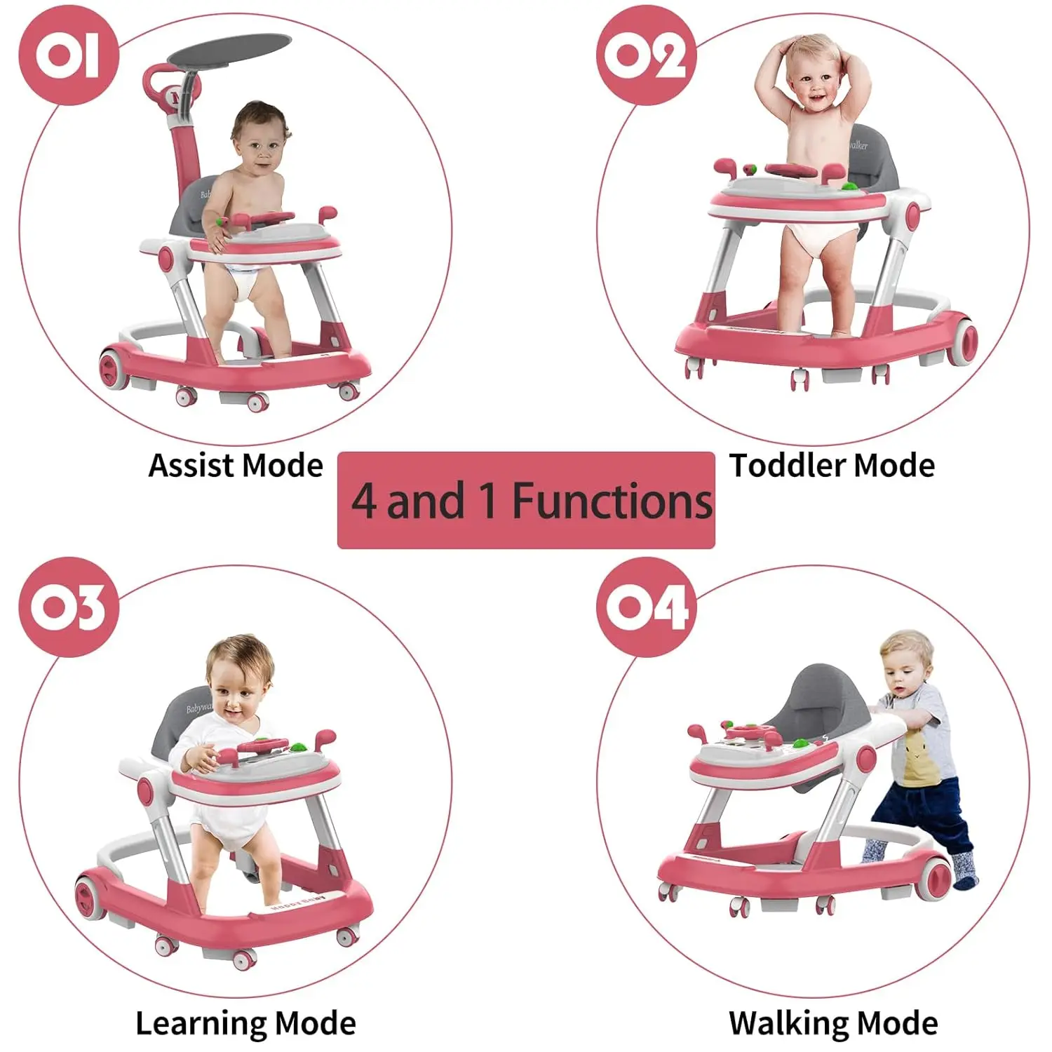Baby Stroller 4 in 1 Foldable with Removable Toy Plate Music Light Height Adjustable Canopy