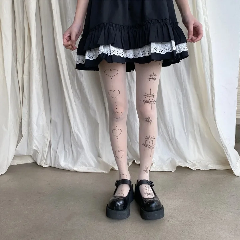 Description Picture 6 of itemJapanese Kawaii Lolita Tights Star Heart Printing Tattoo Thigh High Stockings Pantyhose Women Sweet Girls White Tights Women