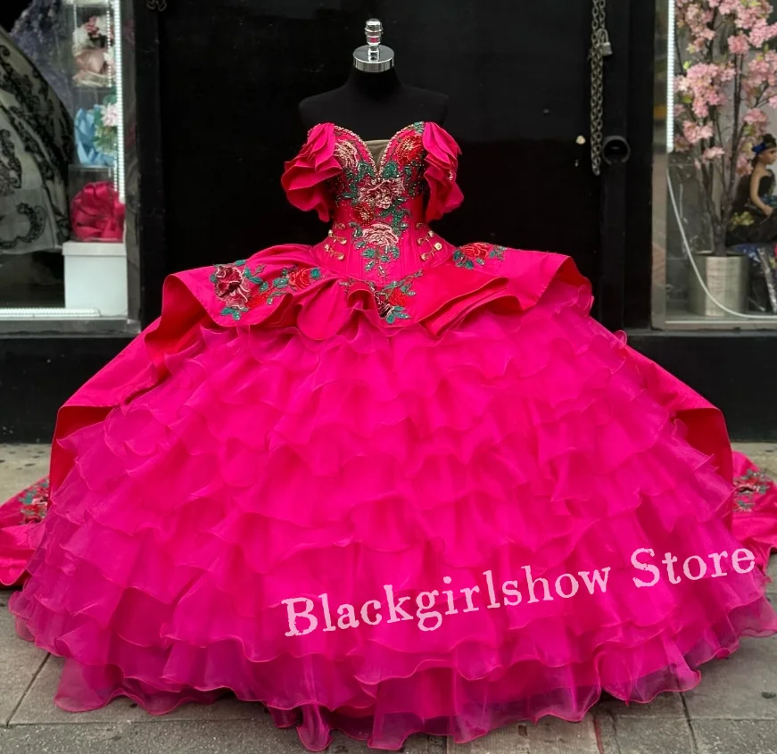 

Женское платье принцессы, розовое платье для Quinceanera 2024, элегантное мексиканское Чарро-бюстье, 3D Цветочный корсет с косточками, кружевное платье, 15 лет, quinceañera
