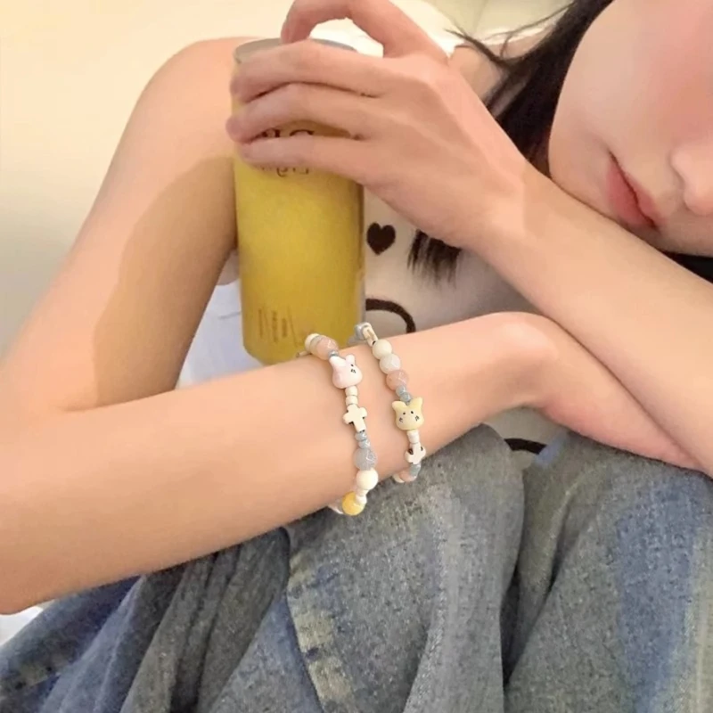 Ceramic Bead Elastic Bracelets Delicate Cute Rabbit Handchain Charming Jewelry Sweet Round Square Bead Bracelets Jewelry