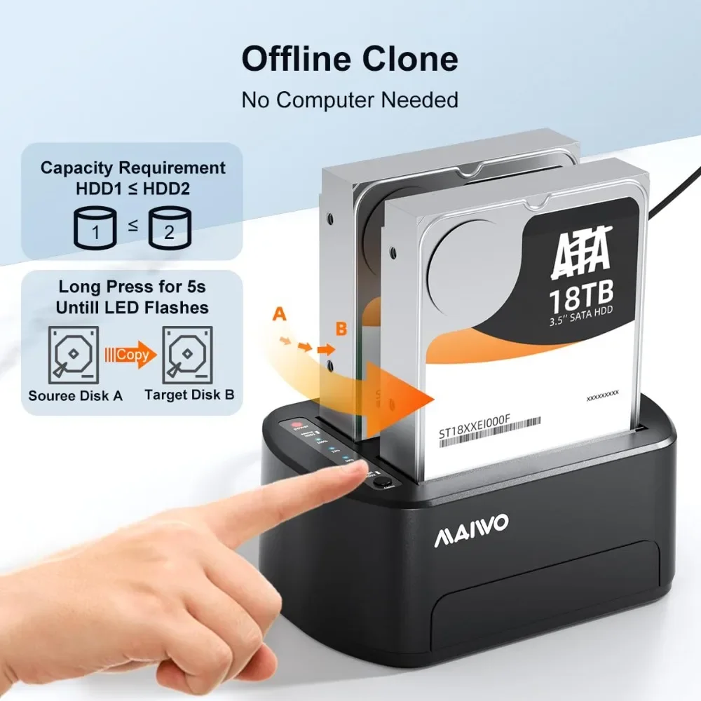 MAIWO 듀얼 베이 하드 드라이브 인클로저 (2.5/3.5인치 HDD/SSD SATA to USB 3.0 HDD 도킹 스테이션, 클론 기능 및 12V3A 전원 어댑터 포함)