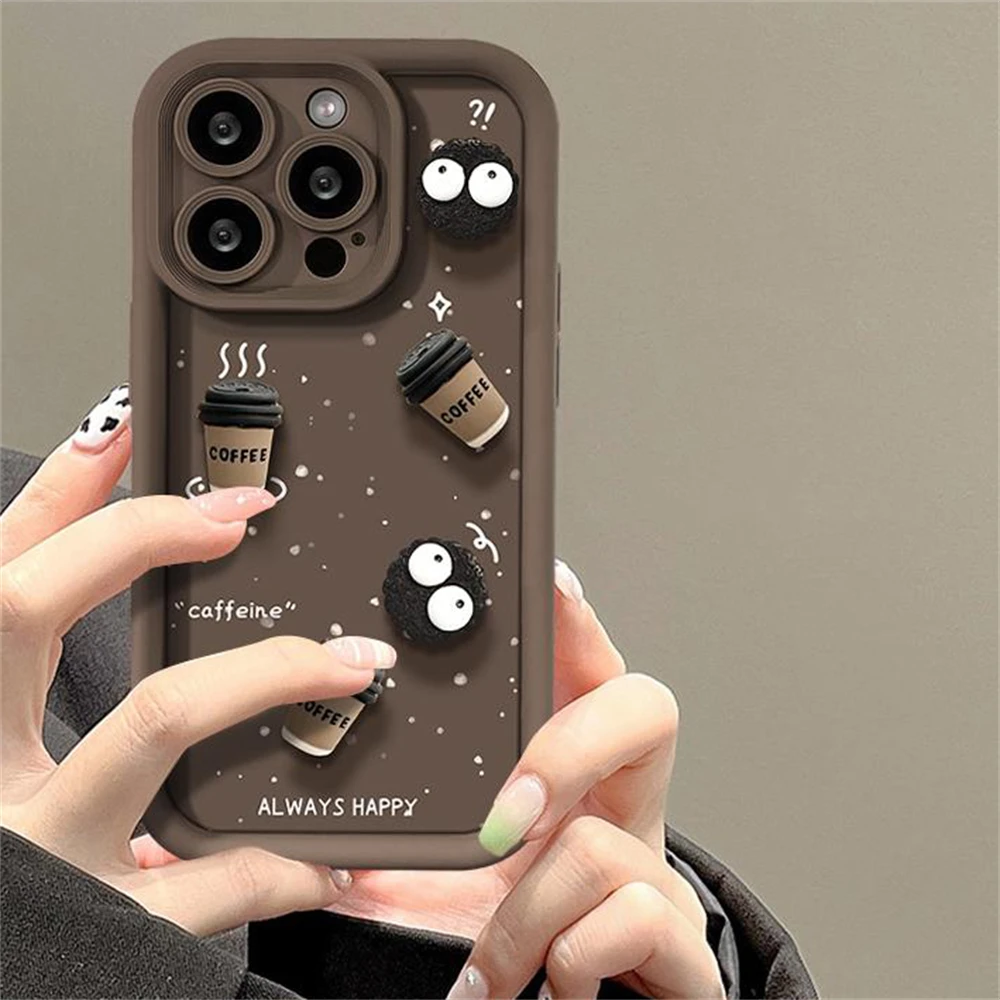 Cute Cartoon 3D Coffee Liquid Silicone Soft Case For iPhone 15