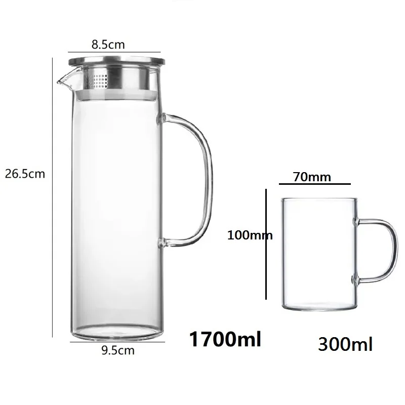 1.7L Glass Water Pitcher with Handle Stainless Steel Lid Heat Resisttant Cold Hot Kettle Large-capacity Teapot Water Juice Jug