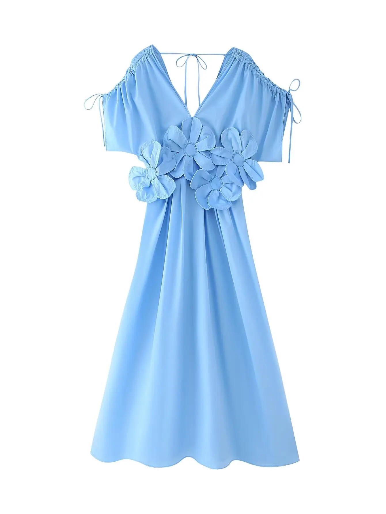 thumbnail image 1 of HH TRAF Vestido de verano para mujer, con estampado floral tridimensional, escote en V, manga corta, cordón ajustable, vestido con cremallera y lazo decorado, 1 of 4