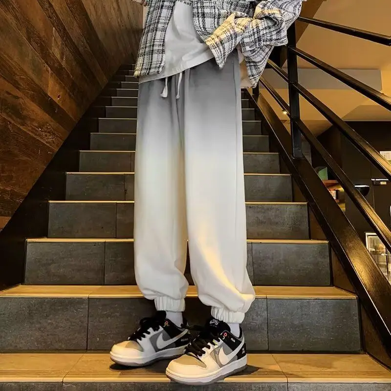 Simplicity Korean Summer New Pants Men Solid Gradient Loose Straight Comfortable Drawstring Elastic Waist Harlan Casual Trousers