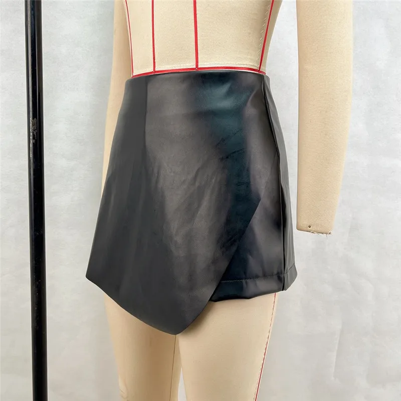 Shestyle Women Shorts High Waist Sexy Elegant PU Faux Leather Skirts Office Lady A-Line Asymmetrical Bottom Clubwear Workwear