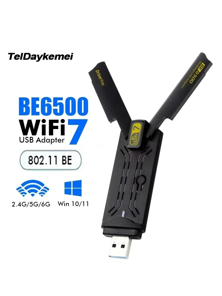 מתאם USB WiFi 7 BE6500 2.4G/5G/6GHz Tri-band USB3.0 כרטיס רשת אלחוטי 6500Mbps 802.11BE עבור Win10/11 PC