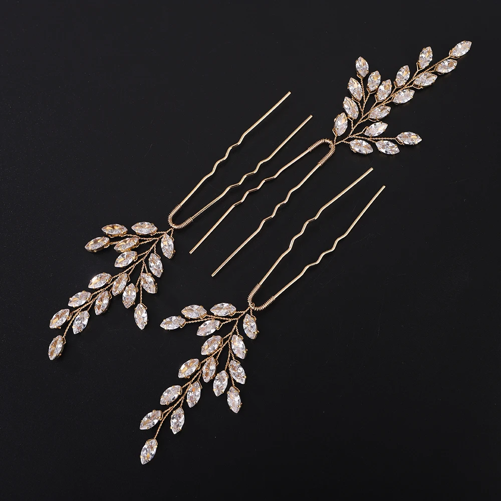 3PCS Wedding Zircon Hair Pins Silver Women Hair Piece Rhinestone Gold Clip Bridal Bride Accessories Trendy Ornaments