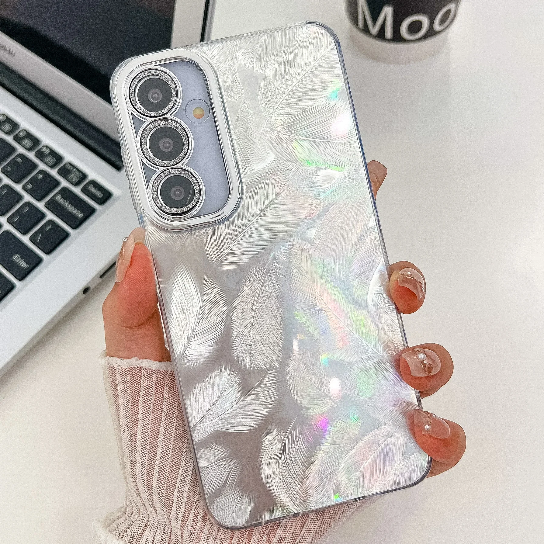 Luxury Laser Feather Gradient Rainbow Phone Case with Lens Film