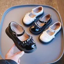 

Kids Princess Lace and Pearls Black PU Glossy Mary Janes 2022 Spring New Children School Shallow Dress Korean Shoes for Party