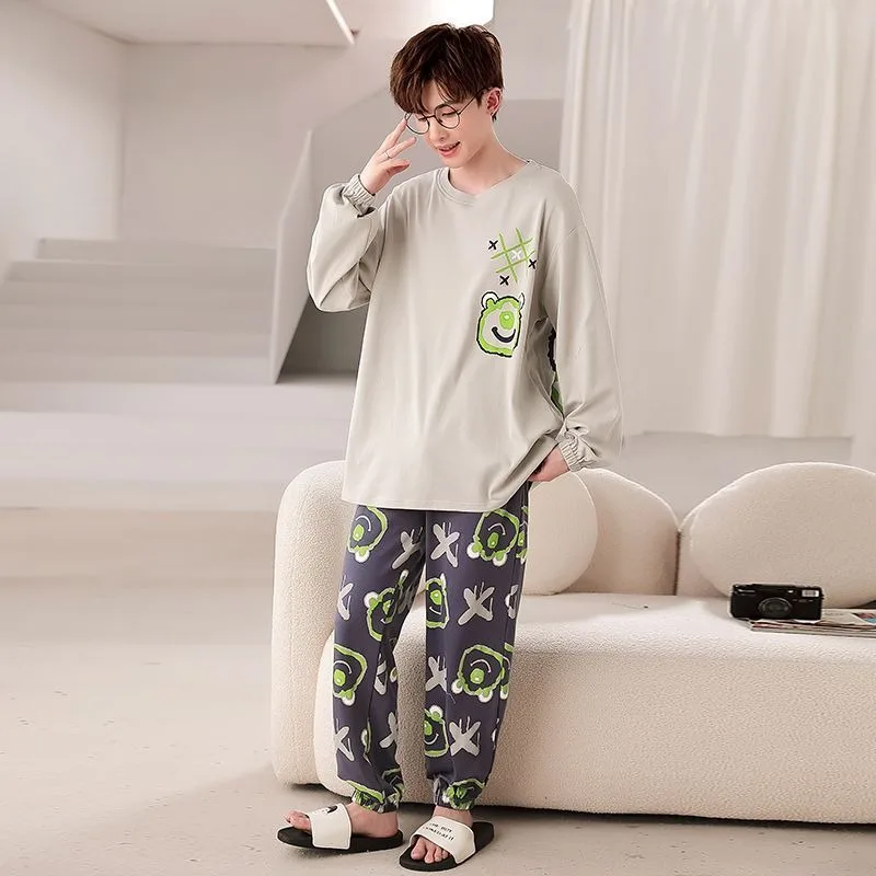 2024 New Men's Pajamas Long Sleeve Cotton Spring Autumn Sleepwear Cartoon Teen Student Round Collar Loungewear Winter Suits