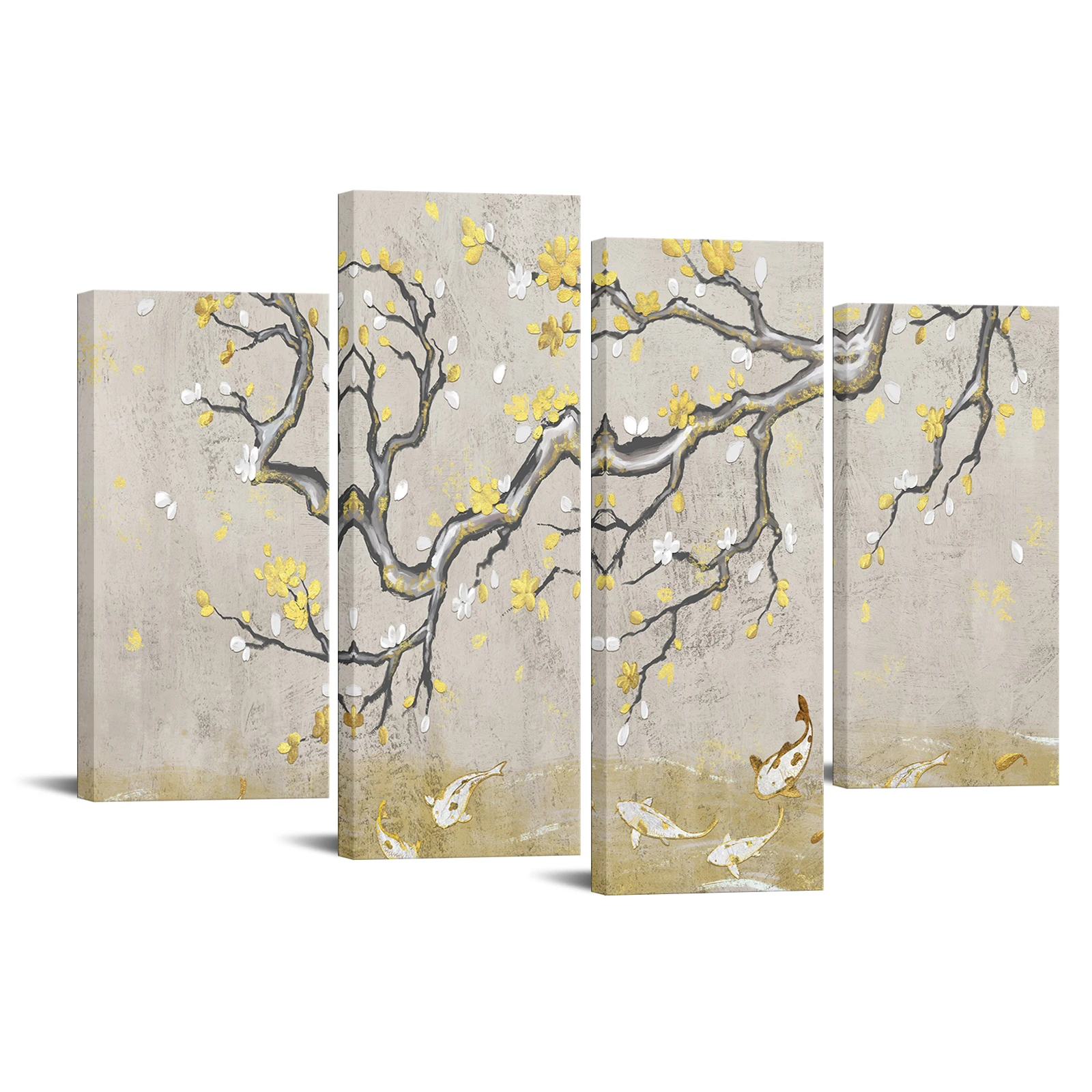 

4 Pieces Flowers and Fish Posters Wall Art Abstract Landscape Print Canvas Art Modern Style Picture Living Room Home Decor