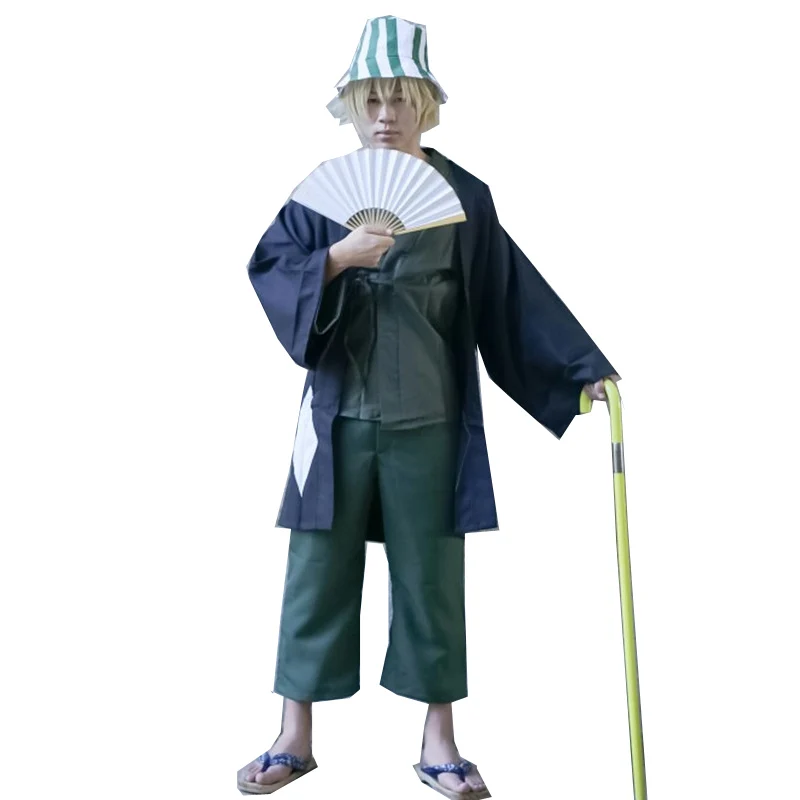Anime Bleach Urahara Kisuke Kimono Cosplay Costume Full Set Top+pant+coat+socks+clogs+hat 11