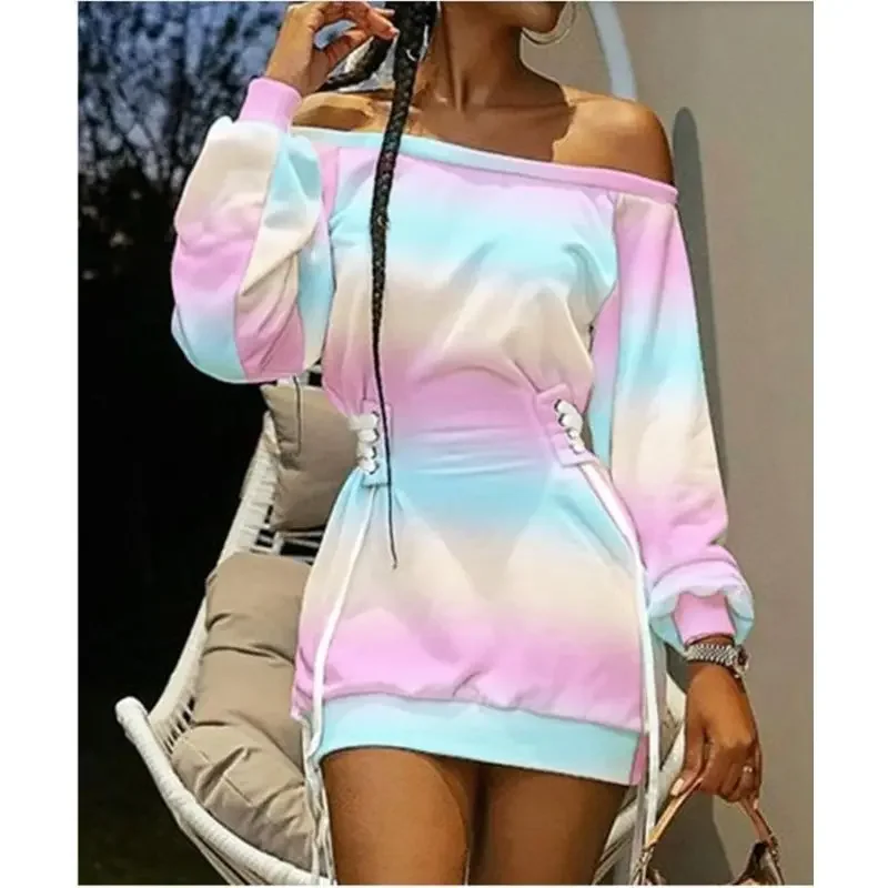 430907004Spring New European and American Women's Wear Oblique Neck Tie Dye Print Long Sleeve Loose Dress Trend