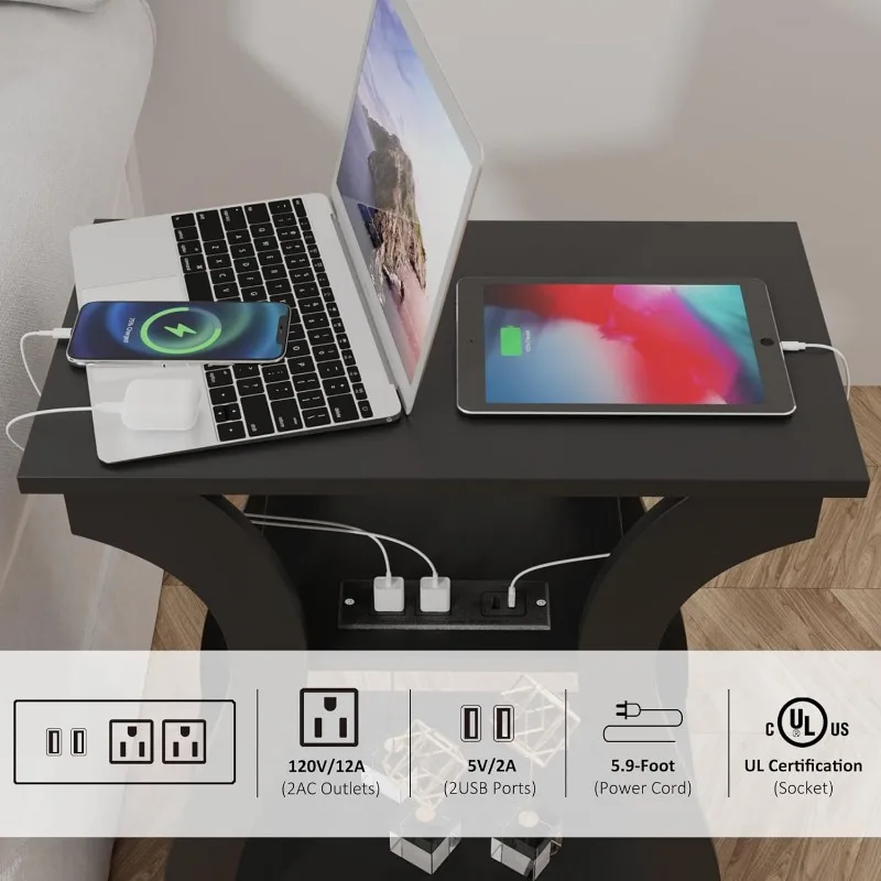End Table with Charging Station, Side Table with USB Ports and Outlets, Nightstand, 3 Tier End Table with Storage 5