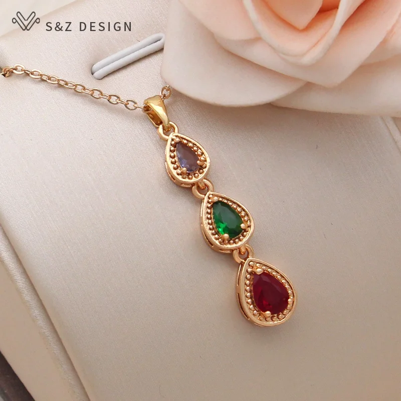 S&Z DESIGN New Fashion Colorful Water Drop Cubic Zirconia Dangle Earrings Jewelry Sets For Women Party Pendant Necklace Gift
